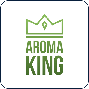 Aroma King-logotyp i grönt med krondesign