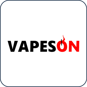 Vapeson-logga i svart och rött med en stiliserad ångdetalj